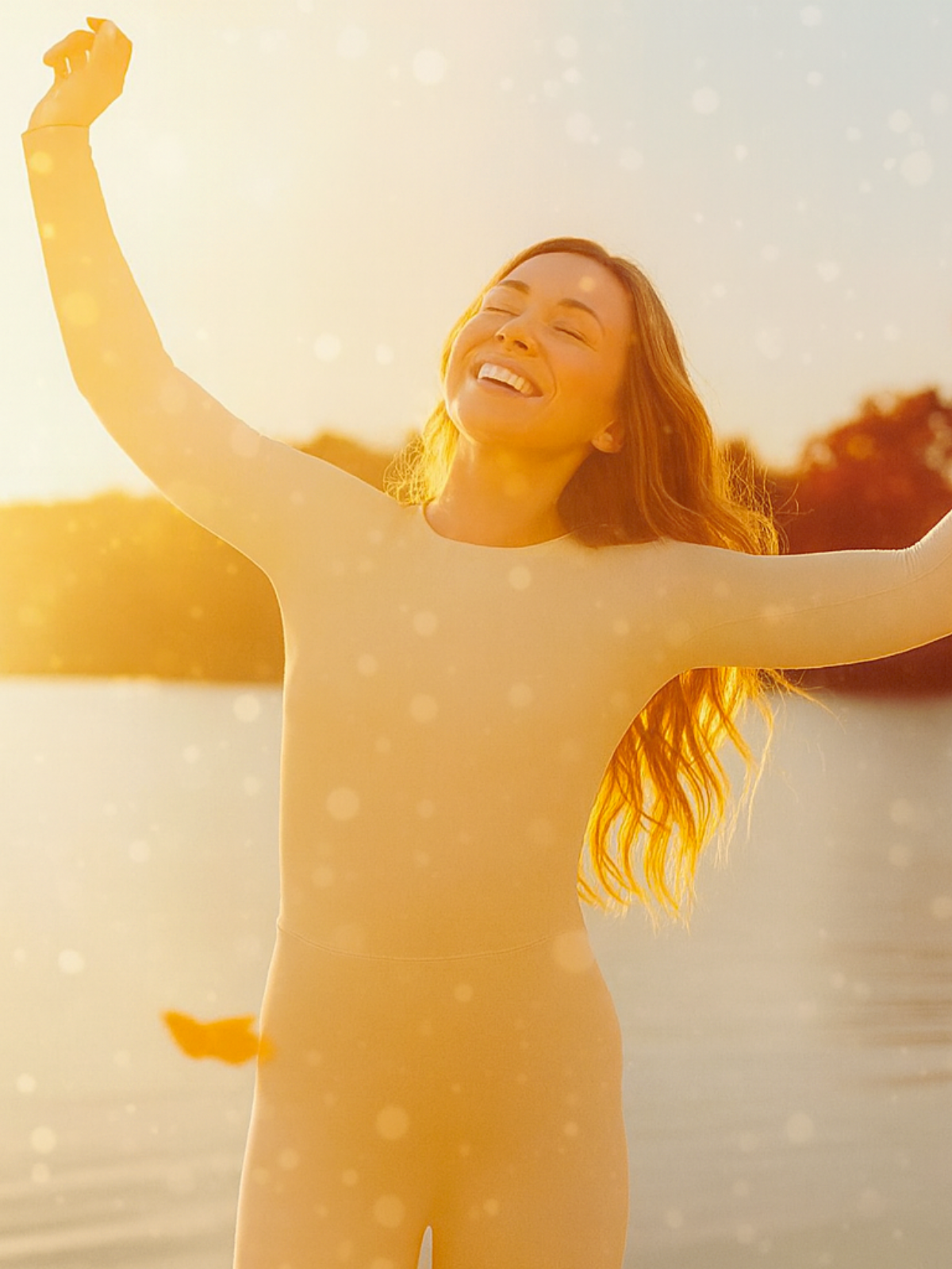 Person mit erhobenen Armen im goldenen Licht – Ausdruck von Energiefluss, innerer Stärke und regenerierter Zellfunktion.