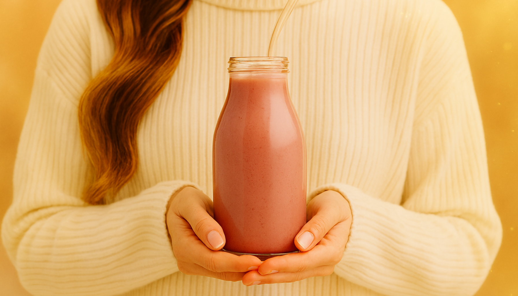 Person in hellem Rollkragenpullover hält rosa Smoothie – Symbol für Zellstärkung und bio-veganes Wohlbefinden.
