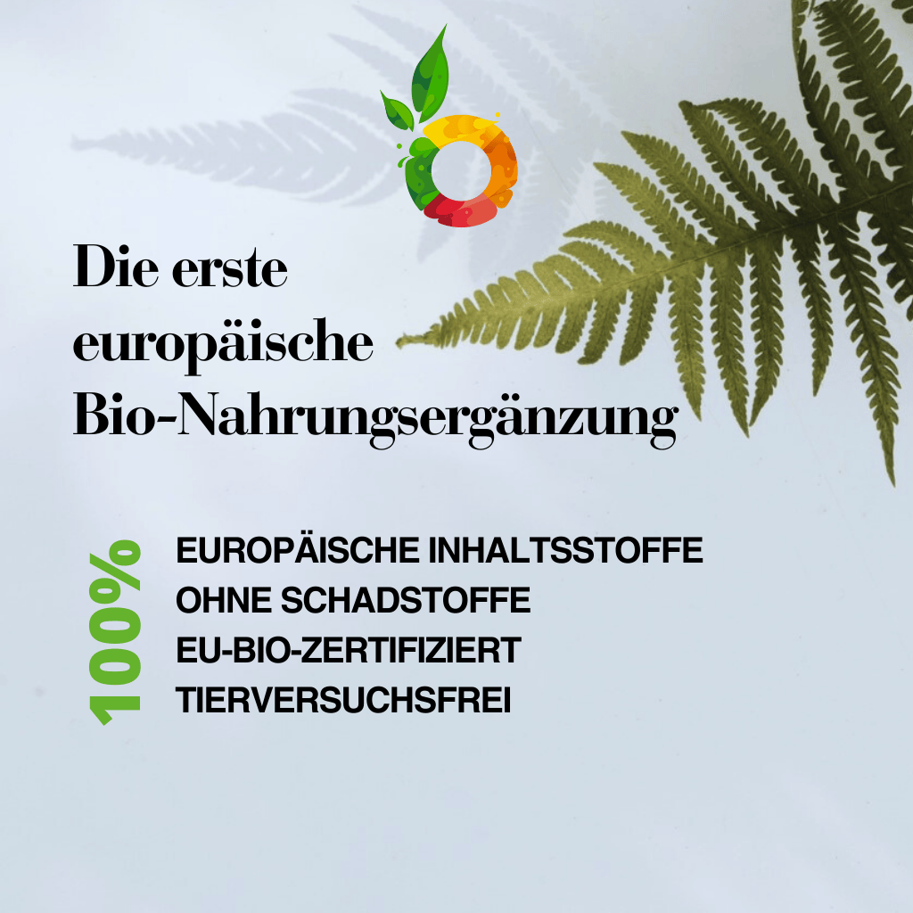 Naturmotiv mit Farnblättern und Bio-Logo – Hinweis auf europäische Herkunft, Schadstofffreiheit und EU-Bio-Zertifizierung.