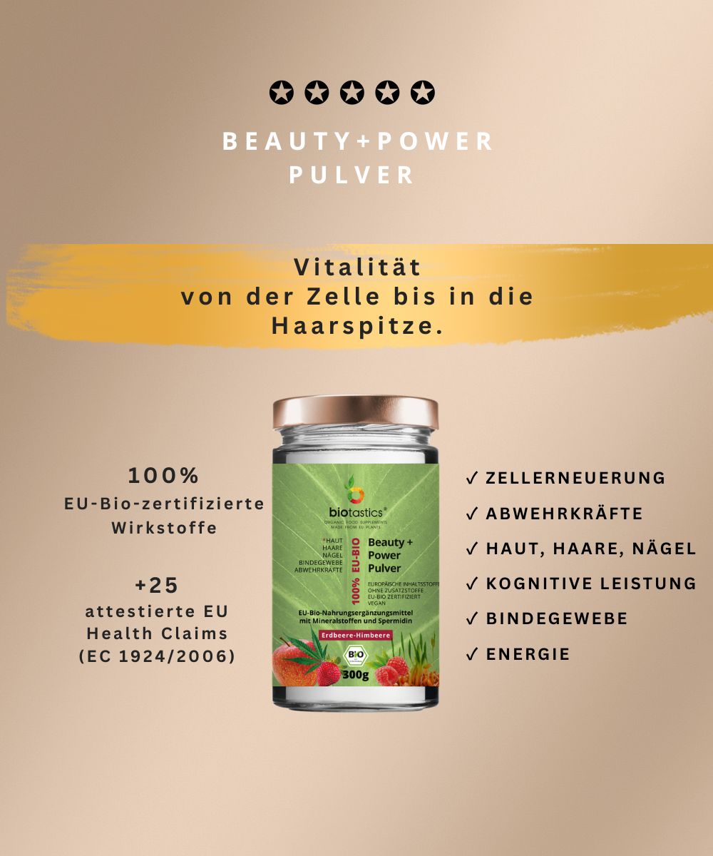Bio Spermidin_plus_Superfood-Antioxidantien-Beauty_Power_Pulver-Wirkung-von_Biotastics_Bio-Nahrungsergaenzung