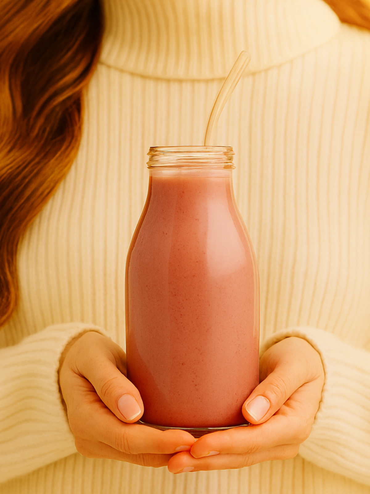 Nahaufnahme einer Hand mit rosa Smoothie in Glasflasche – steht für Zellaktivierung, gesunde Ernährung und bio-veganen Lifestyle.