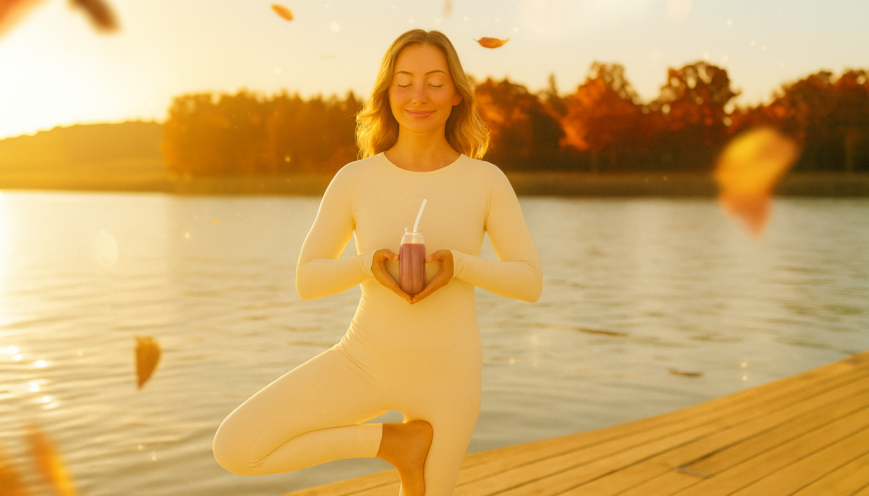 Person in Yoga-Pose auf Steg bei Sonnenuntergang, formt Herz um Flasche – Ausdruck von Balance, Achtsamkeit und Zellgesundheit.