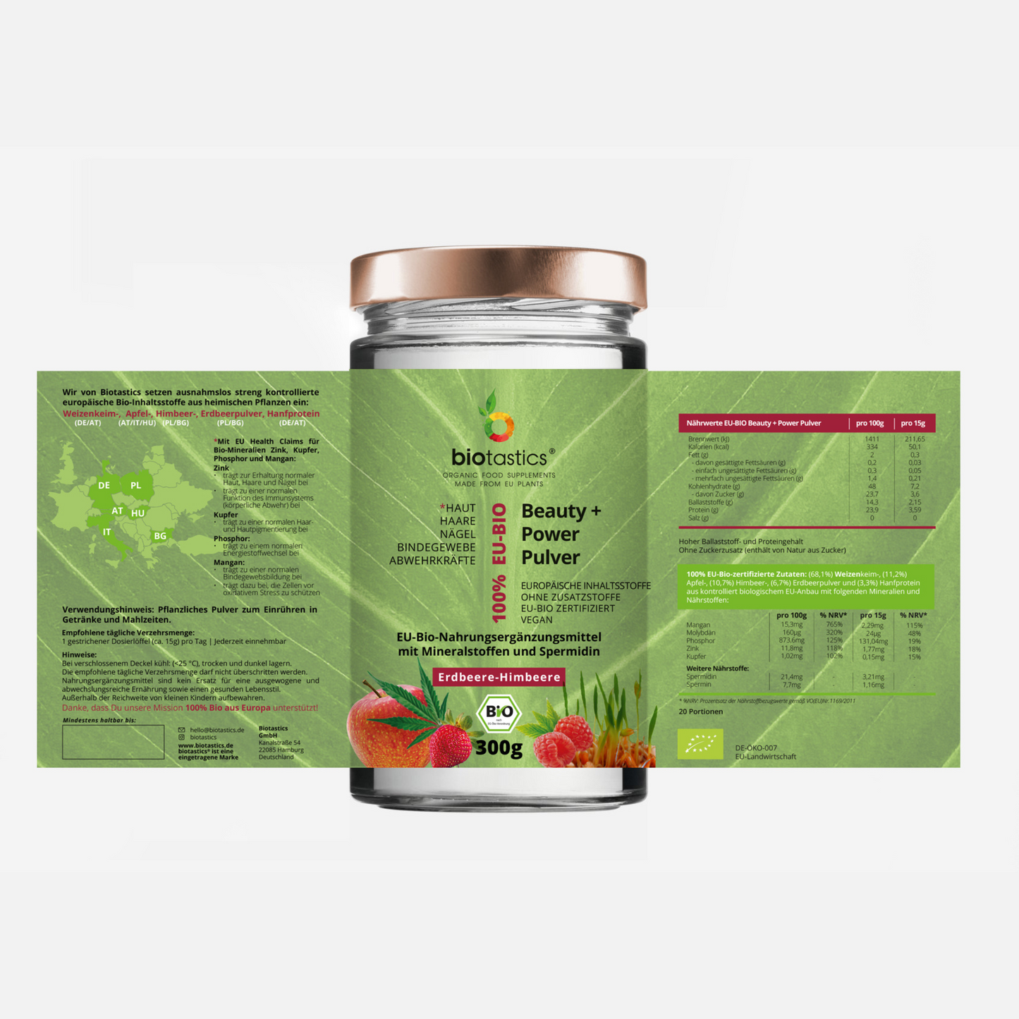 Bio Spermidin plus  Superfood-Mineralstoffe-Beauty+Power Pulver_Etikett_von Biotastics Bio Nahrungsergaenzung