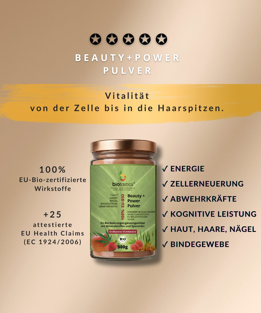 Bio Spermidin_plus_Superfood-Antioxidantien-Beauty_Power_Pulver-Longevity Wirkung-von_Biotastics_Bio-Nahrungsergaenzung