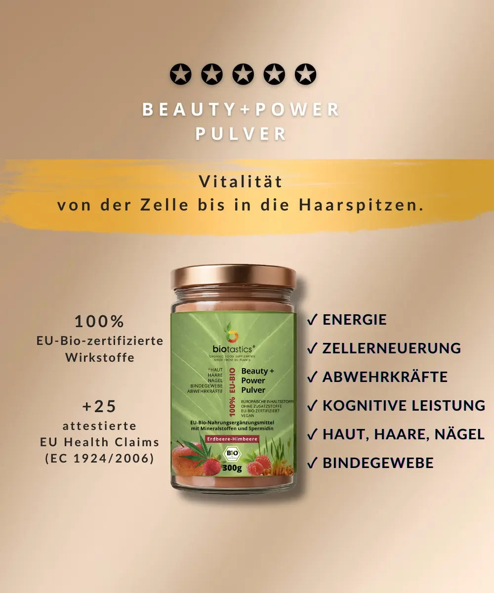Bio Spermidin_plus_Superfood-Antioxidantien-Beauty_Power_Pulver-Longevity Wirkung-von_Biotastics_Bio-Nahrungsergaenzung